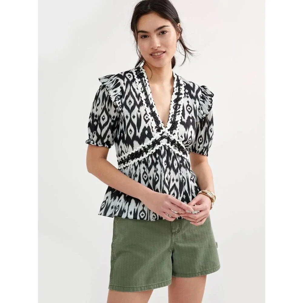 Anthropologie Verb by Pallavi Singhee Abstract Peplum Blouse Black White Size M